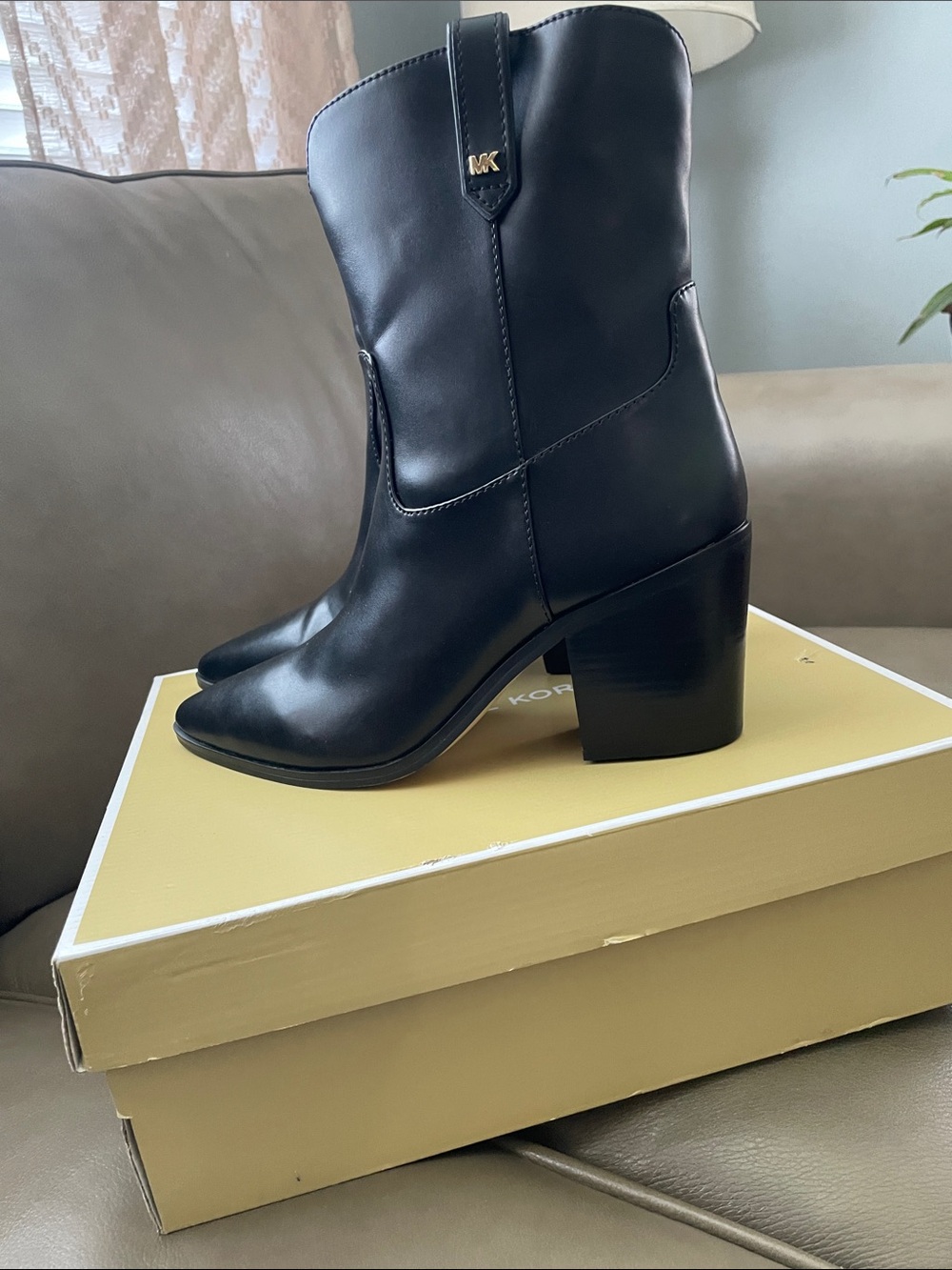 Michael Kors Black Faux Leather Block Heel Mid-Calf Boots